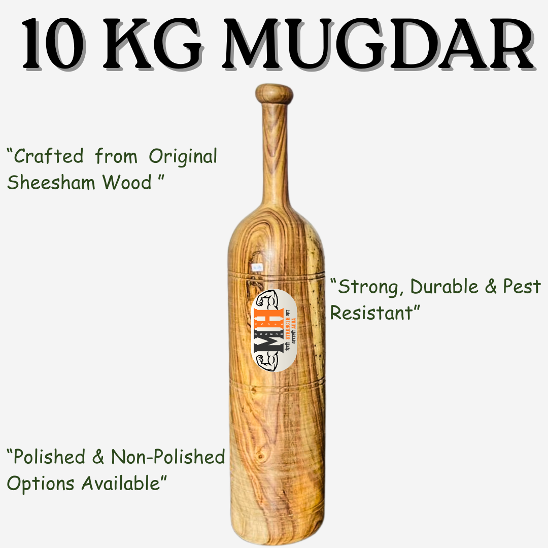 10Kg Mugdar made from original Sheesham wood with non-slip grip, ideal for strength training. Includes free beginners Mugdar course.