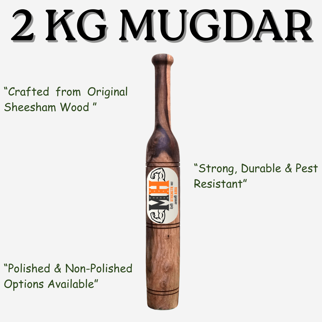2Kg Mugdar with Free Course made from Sheesham Wood, shown with polished finish and labeled features like durability and pest resistance.