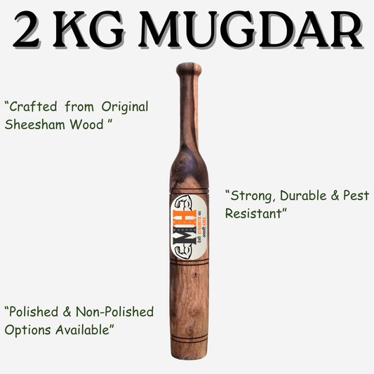 2Kg Mugdar with Free Course made from Sheesham Wood, shown with polished finish and labeled features like durability and pest resistance.