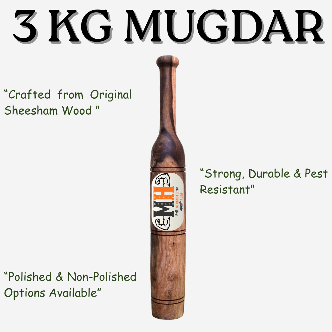 3Kg Mugdar with Training Course made for beginners made from Sheesham Wood, featuring polished and non-polished options, ideal for starting and rehab