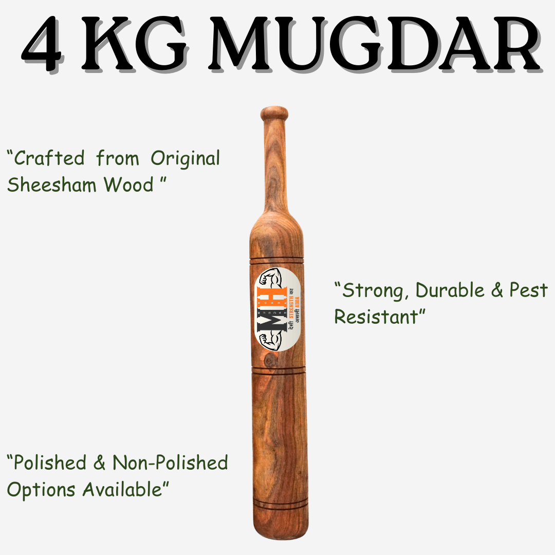 4Kg Mugdar handcrafted from original Sheesham wood with polished and non-polished options, ideal for strength training and Indian clubs workout.