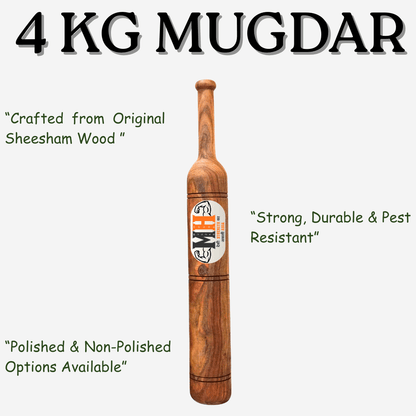 4Kg Mugdar handcrafted from original Sheesham wood with polished and non-polished options, ideal for strength training and Indian clubs workout.