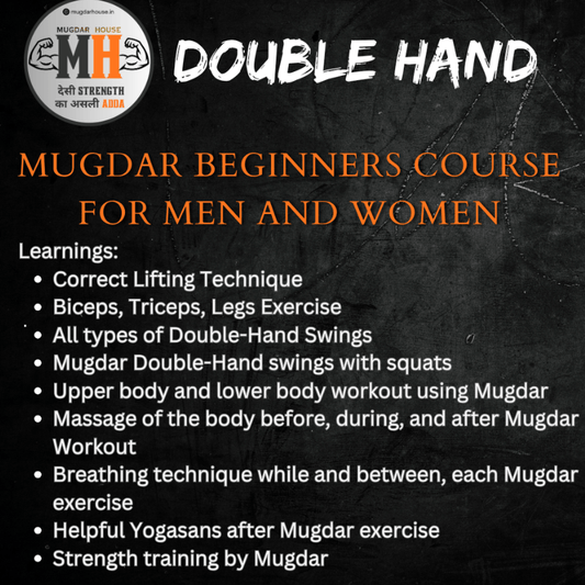 Promotional card for Mugdar Beginners Course with text on a black background