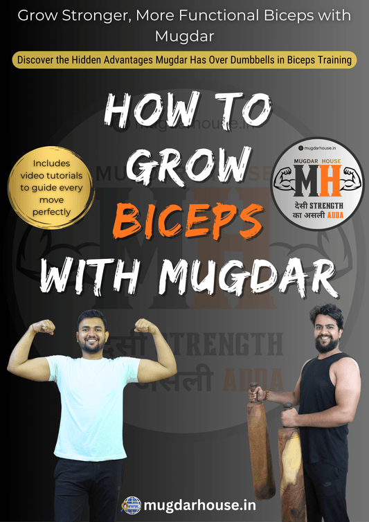 Grow Arms With Mugdar - Mugdar Arms Workout Plan book cover featuring two men holding mugdars, promoting a 12-week biceps and triceps training guide.