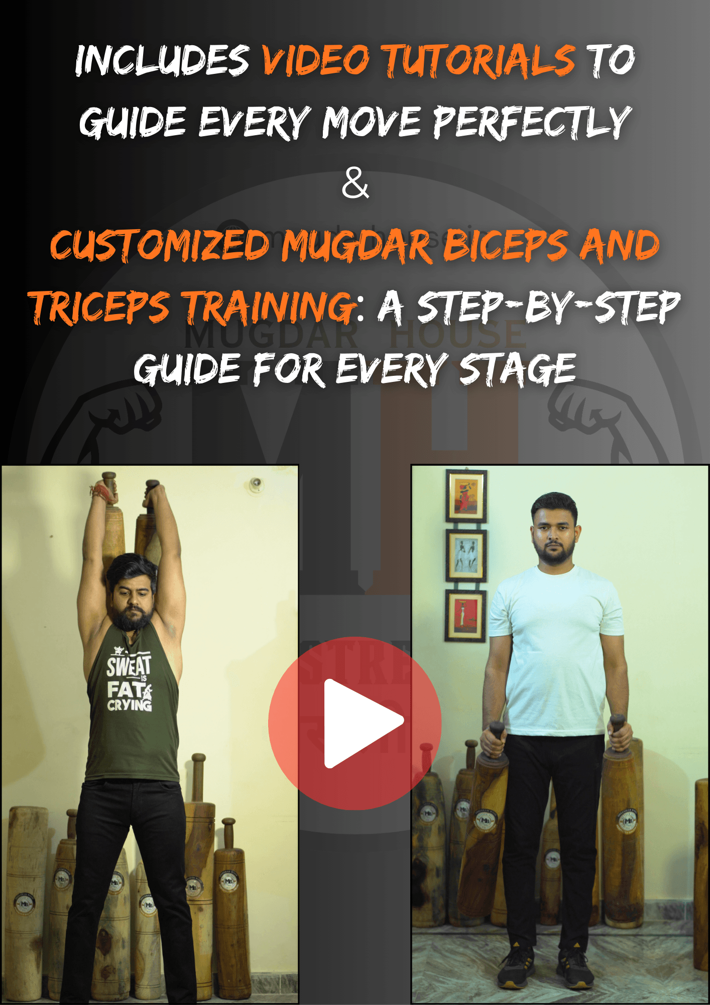 Inside preview of Grow Arms With Mugdar book showing video tutorial highlights and step-by-step mugdar biceps and triceps training instructions.