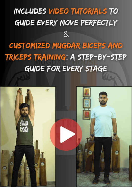 Inside preview of Grow Arms With Mugdar book showing video tutorial highlights and step-by-step mugdar biceps and triceps training instructions.