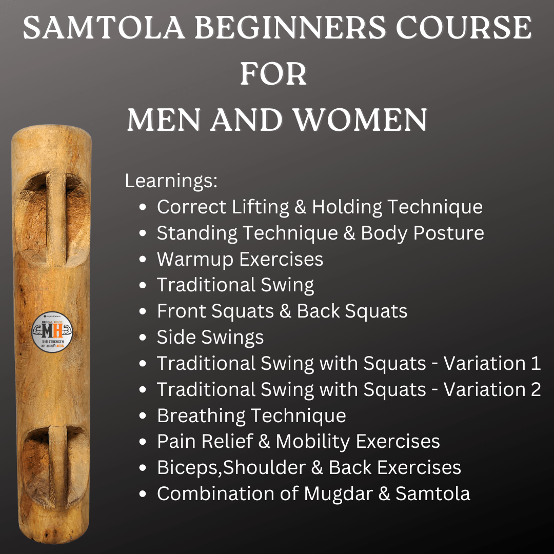 Samtola Workout Course for Beginners | Men & Women featuring a wooden Samtola tool and a list of training modules for fitness and wellness services.