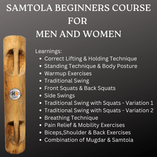 Samtola Workout Course for Beginners | Men & Women featuring a wooden Samtola tool and a list of training modules for fitness and wellness services.
